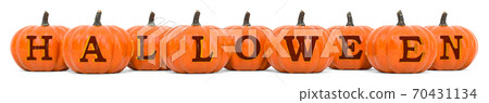 Halloween Holiday concept, inscription from carved pumpkins. 3D rendering Halloween Holiday concept, inscription from carved pumpkins. 3D rendering 70431134