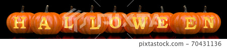 Halloween concept, inscription from carved pumpkins. 3D rendering Halloween concept, inscription from carved pumpkins. 3D rendering 70431136