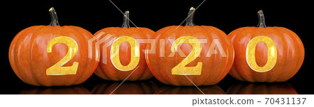 Halloween 2020 concept. Pumpkins with carved 2020, 3D rendering Halloween 2020 concept. Pumpkins with carved 2020, 3D rendering 70431137