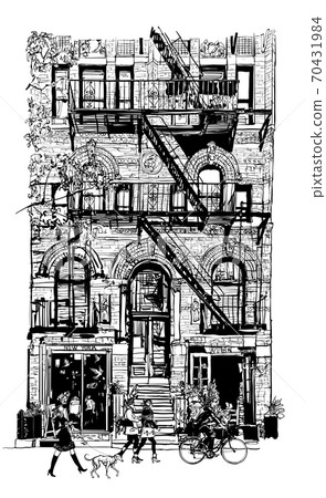 Bricks buildings facades with fire escape stairs in New York 70431984