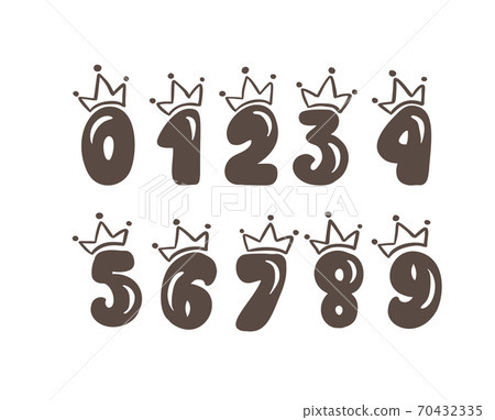 Vector Vintage Plump Set numbers with crown. Princess element font logo. Valentine hand drawn alphabet signs for page decoration and design illustration. For greeting card, wedding or invitation 70432335