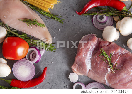 raw meat, chicken fillet, pork tenderloin with 70433474