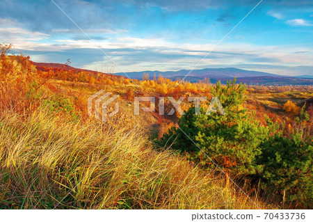rural valley at sunset. beautiful autumn landscape in mountains. village in the distant valley. clouds on the blue evening sky 70433736