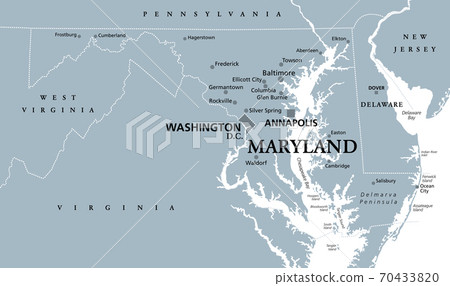 Maryland, MD, gray political map. State in Mid-Atlantic region of United States of America. Capital Annapolis. Old Line State. Free State. Little America. America in Miniature. Illustration. Vector. 70433820