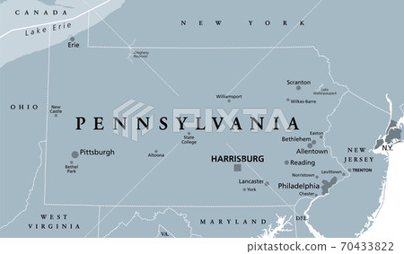 Pennsylvania, PA, gray political map. The Commonwealth of Pennsylvania, a state in the Northeastern United States of America with capital Harrisburg. Keystone State. Quaker State. Illustration. Vector 70433822
