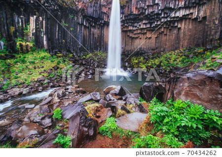 Great view of Svartifoss waterfall. Dramatic and picturesque scene. Popular tourist attraction. Iceland 70434262