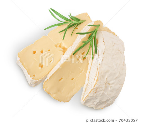 Camembert cheese with rosemary isolated on white background with clipping path and full depth of field. Top view. Flat lay Camembert cheese with rosemary isolated on white background with clipping path and full depth of field. Top view. Flat lay 70435057