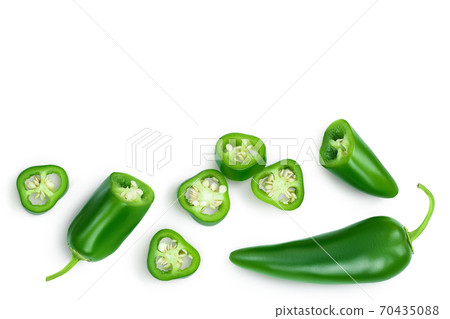jalapeno peppers isolated on white background. Green chili pepper with clipping path. Top view with copy space for your text. Flat lay 70435088