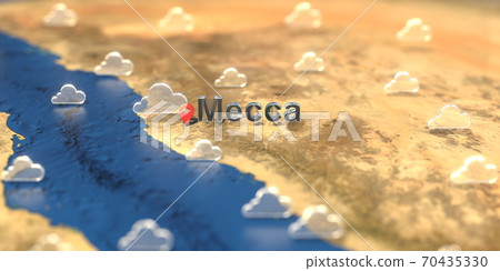 Cloudy weather icons near Mecca city on the map, weather forecast related 3D rendering 70435330
