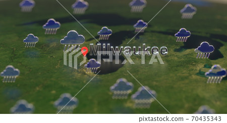 Rainy weather icons near Milwaukee city on the map, weather forecast related 3D rendering 70435343
