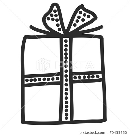 Doodle single hand drawn gift, present, New Year and Xmas box. Illustration for greeting card, posters, stickers, seasonal design, patterns, fabric, icon. Isolated on white background. 70435560