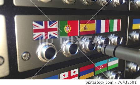 Jack plug with flag of Spain. Conceptual 3d rendering Jack plug with flag of Spain. Conceptual 3d rendering 70435591