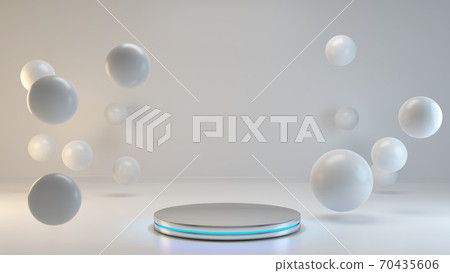 Product display area concept with chrome circular neon illuminated stand background 3D rendering Product display area concept with chrome circular neon illuminated stand background 3D rendering 70435606