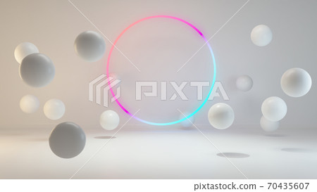 Product display area with globe shapes and circle neon light 3D rendering Product display area with globe shapes and circle neon light 3D rendering 70435607