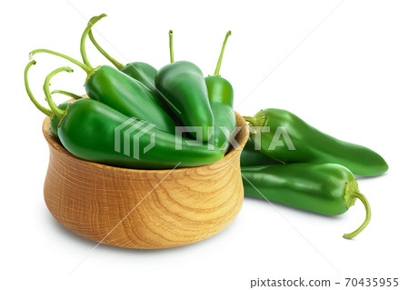 jalapeno pepper in wooden bowl isolated on white background. Green chili pepper with clipping path and full depth of field. 70435955
