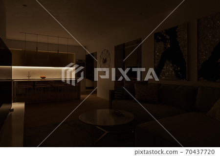 3d illustration of the interior design of a living room combined with a kitchen and a large recreation area 70437720