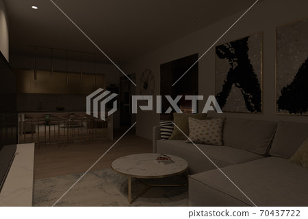 Illustration of an apartment interior design with panoramic windows. 3d render for lighting demonstration. 70437722