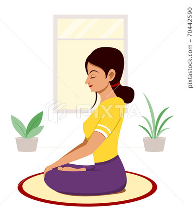 Woman Workout by Yoga Meditation at Home. 70442590