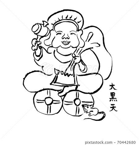 Hand-painted black-and-white illustration of Daikokuten (Seven Lucky Gods) 70442680