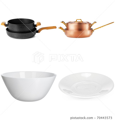 Collage of crockery items on white background 70443573