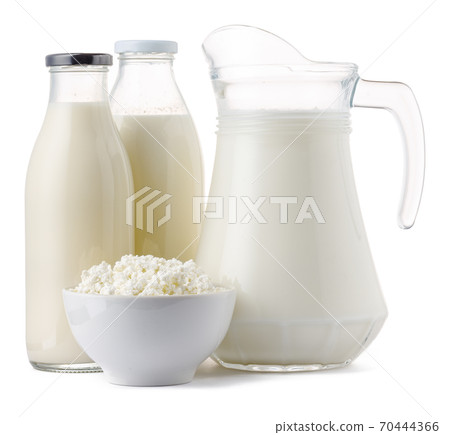 Fresh dairy products milk and cottage cheeese isolated on white 70444366