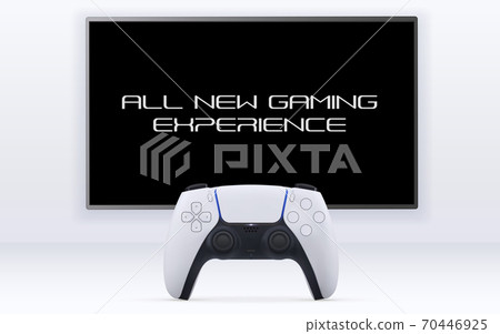 Single player gaming concept. Realistic vector illustration of Gemepad in front of big TV on white wall for gameplay showcase on white background 70446925