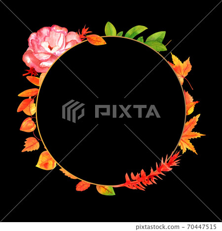 Autumn wreath with leaves, branches and a rose, on a black background with a place for text 70447515