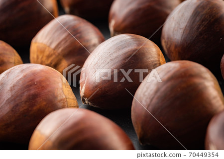 Rows of chestnuts isolated on black background 70449354