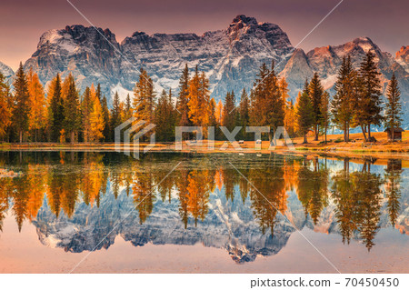 Magical alpine lake in Dolomites mountains, Antorno lake, Italy, Europe 70450450
