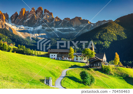 Stunning summer landscape with Santa Maddalena village, Dolomites, Italy, Europe Stunning summer landscape with Santa Maddalena village, Dolomites, Italy, Europe 70450463