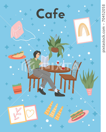 Young woman in modern clothes sitting at cafe or restaurant vector flat cartoon cerd design. Young woman in modern clothes sitting at cafe or restaurant vector flat cartoon cerd design. 70452058