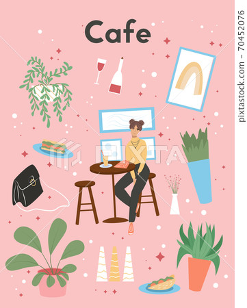 Happy woman in modern clothes sitting at the restaurant or cafe vector flat cartoon card template. 70452076