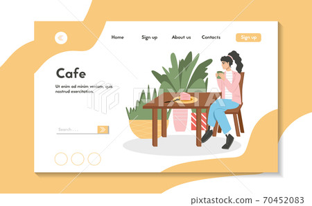 Woman in cafe or restaurant vector flat landing page template. Modern and cozy cafe or restaurant interior design. 70452083