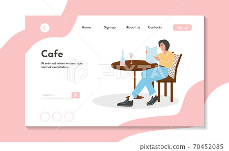 Young woman in modern clothes sitting at cafe or restaurant vector flat cartoon landing page design. 70452085