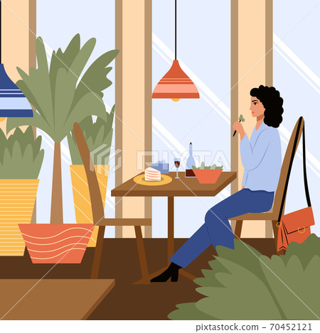 Young woman in modern clothes sitting at the cafe or restaurant and have a dinner vector flat cartoon illustration. 70452121