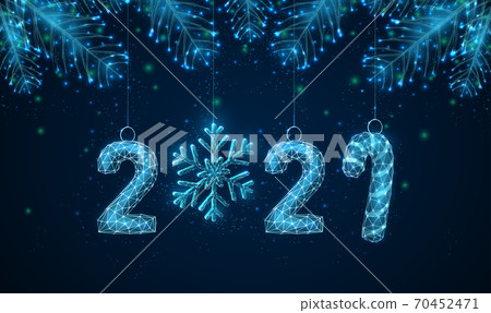 Abstract Happy 2021 New Year greeting card with fit tree branches. Abstract Happy 2021 New Year greeting card with fit tree branches. 70452471