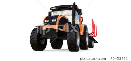 Orange tractor with a trailer for logging on a white background. 3d rendering. Orange tractor with a trailer for logging on a white background. 3d rendering. 70453731