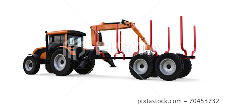 Orange tractor with a trailer for logging on a white background. 3d rendering. 70453732