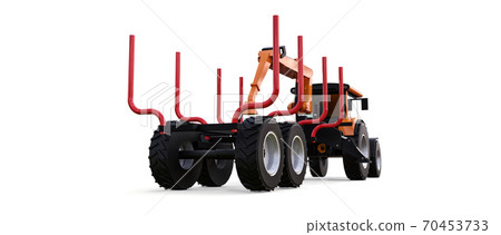 Orange tractor with a trailer for logging on a white background. 3d rendering. Orange tractor with a trailer for logging on a white background. 3d rendering. 70453733