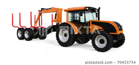 Orange tractor with a trailer for logging on a white background. 3d rendering. Orange tractor with a trailer for logging on a white background. 3d rendering. 70453734