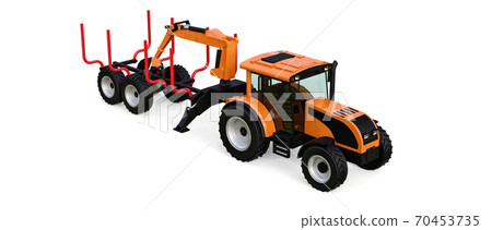 Orange tractor with a trailer for logging on a white background. 3d rendering. Orange tractor with a trailer for logging on a white background. 3d rendering. 70453735