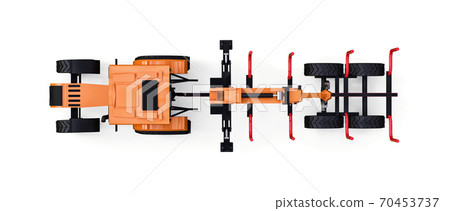 Orange tractor with a trailer for logging on a white background. 3d rendering. Orange tractor with a trailer for logging on a white background. 3d rendering. 70453737
