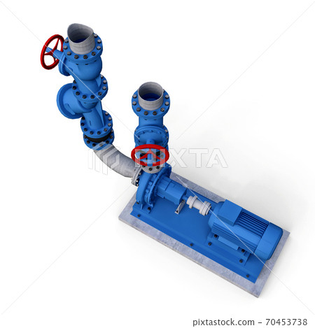 3D model of an industrial pump and pipe section with shut off valves on a white isolated background. 3d illustration. 3D model of an industrial pump and pipe section with shut off valves on a white isolated background. 3d illustration. 70453738