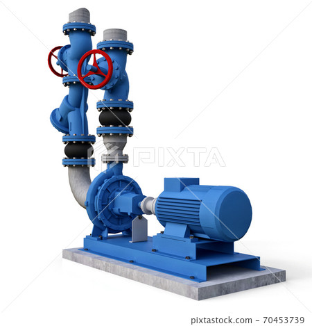 3D model of an industrial pump and pipe section with shut off valves on a white isolated background. 3d illustration. 3D model of an industrial pump and pipe section with shut off valves on a white isolated background. 3d illustration. 70453739