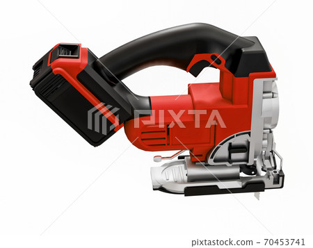 The tool is a red electric jigsaw on a white isolated background. 3d rendering. The tool is a red electric jigsaw on a white isolated background. 3d rendering. 70453741