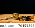 Falling gold coins money on wooden table with black wall, copy space, business wealth concept. 70453892
