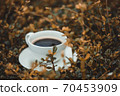 White cup of hot coffee on the dry plant brown nature background. shallow focus. 70453909