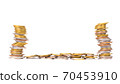 Columns of coins, piles of coins on white background 70453910