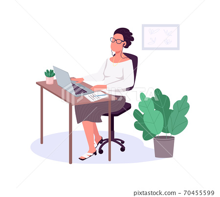 Woman working with laptop flat color vector... - Stock Illustration ...