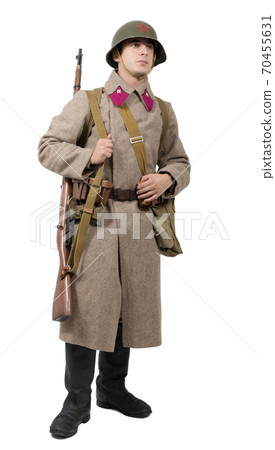 young Soviet soldier with winter uniform on the young Soviet soldier with winter uniform on the 70455631